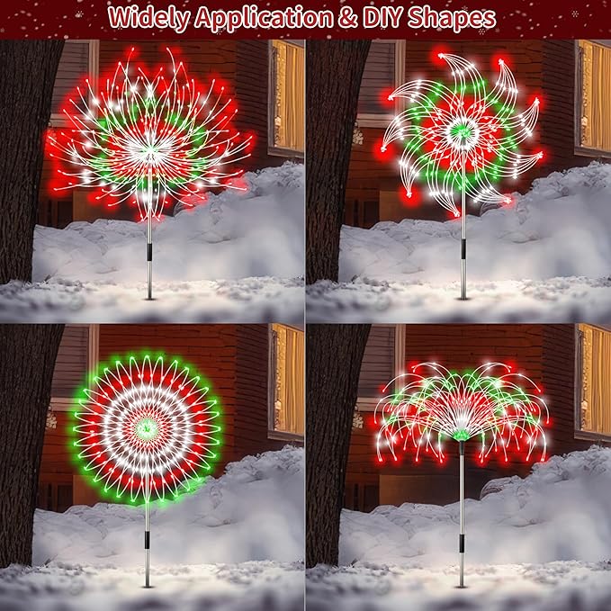 Enhon 4 Pack Plug in Christmas Pathway Firework Lights, 1440 LED Waterproof Xmas Garden Starburst Stake Lights with 8 Modes for Driveway Walkway Yard Lawn Patio Decorations(Red, Green, White)