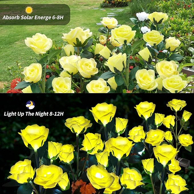 Solar Garden Flowers Lights, Solar Outdoor Lights with More Realistic 10 Rose Waterproof for Outside Patio Yard Pathway Decorations, 2 Pack Yellow