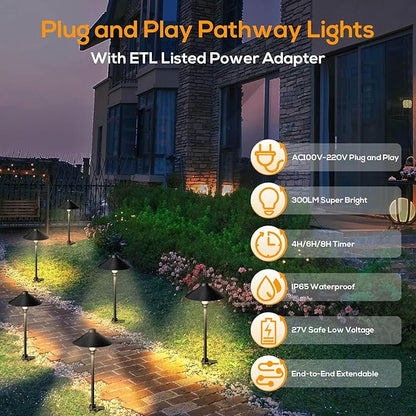 Low Voltage Pathway Lights with Timer, Plug in Landscape Path Lights 4H/6H/8H Timing, 3000K LED Landscape Lighting IP65 Waterproof ETL Listed, Set of 4 Lights Total 12W, Non-Hardwired