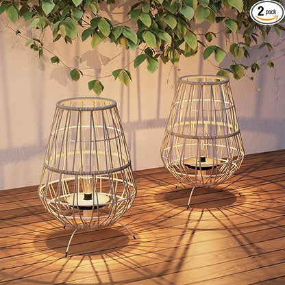 Solar Yard Decorative Solar Outdoor Tabletop Lights - 2 Pack, 15-inch Patio, Porch, and Garden Decor with LED Edison Bulbs in Water Resistant Resin & Polyester Cord Woven Design - Taupe Brown