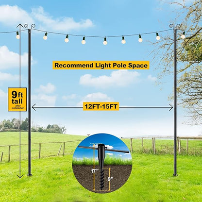 COCONUT String Light Poles for Outsides, 2 PCS 10 FT Heavy Duty Metal Poles for Outdoor String Light Hanging with Ground Anchor Holder, Backyard, Garden, Patio, for Party, Wedding