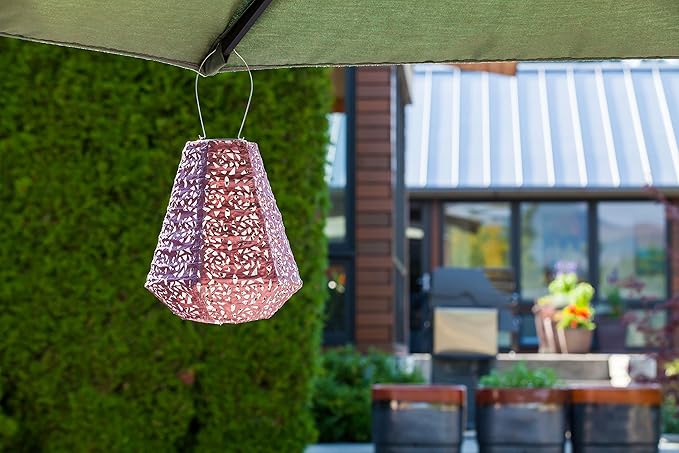 Allsop Soji Stella Prism Solar Lantern, 11" LED Outdoor Light, Handmade with Weather-Resistant UV Treated Fabric, Stainless Steel Hardware, Auto Sensor on/Off, for Patio, Deck, Garden