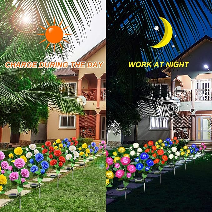 Solar Flower Lights Outdoor - Upgraded New Material Two Modes Realistic LED Solar Powered Waterproof Lights with 5 | Lumora