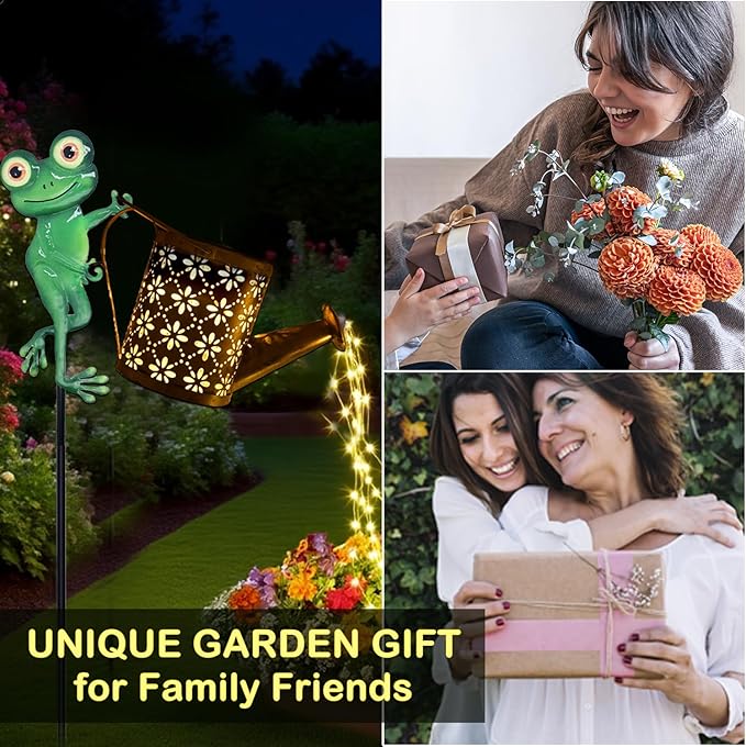 Solar Watering Can with Cascading Lights Outdoor Garden Decor, Frog Shaped Hook Gardening Gifts for Mom Women | Lumora