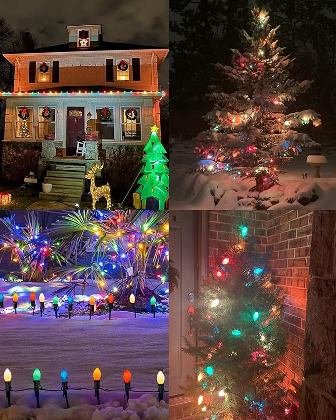 Christmas Lights Outdoor 25Ft C9 LED Vintage Christmas Lights with 27 LED Multicolor Ceramic Glass Bulbs(2 Spare), Connectable Plug in Xmas Light for Indoor Outside Home Patio Tree Holidays Decor