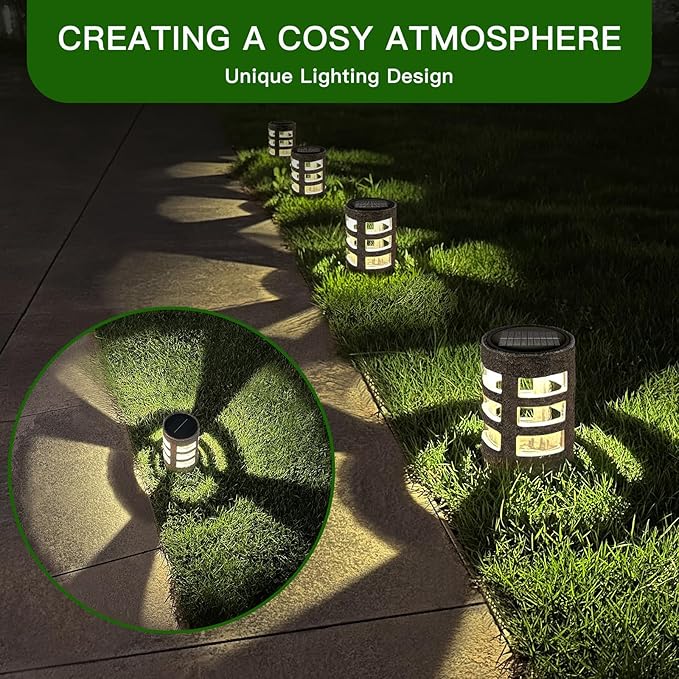 Solar Path Lights Outdoor 2 Pack, Decorative Pattern Lighting, Auto On/Off Dusk to Dawn, Waterproof Solar Landscape Lights, Modern Resin Garden Lights for Yard Patio Walkway (Gray)