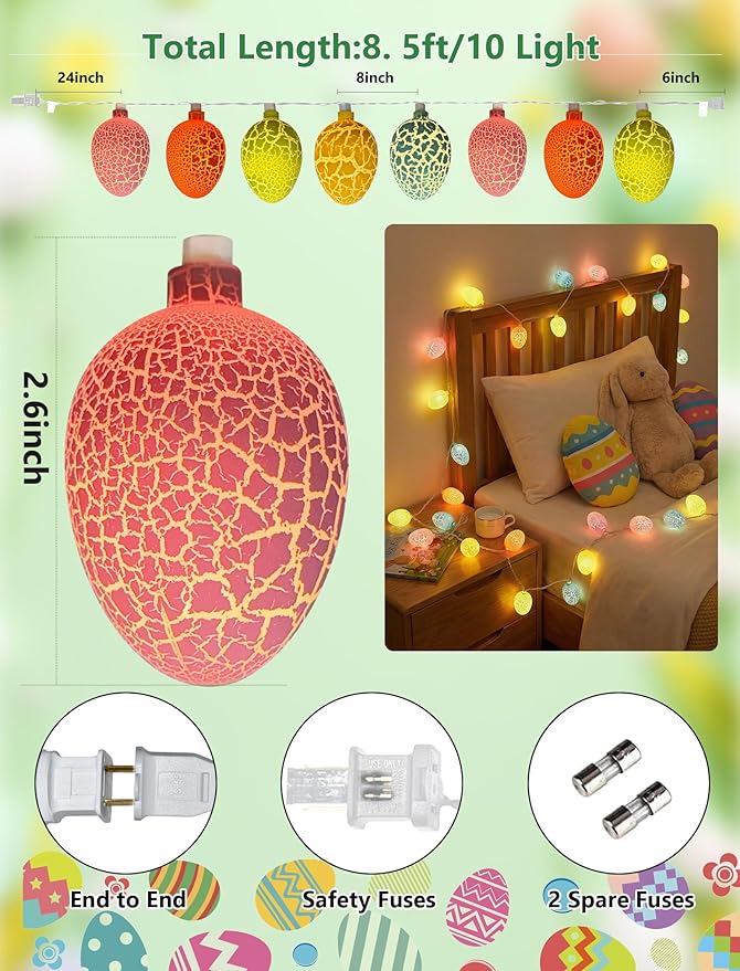 8.5Ft Easter Cracked Egg String Lights Plug in, Outdoor Spring Easter Decorations String Lights with 10 LED Colorful Cracked Egg Light, Hanging Pastel Easter Lights for Garland Party Yard Home Decor