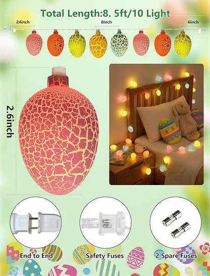 8.5Ft Easter Cracked Egg String Lights Plug in, Outdoor Spring Easter Decorations String Lights with 10 LED Colorful Cracked Egg Light, Hanging Pastel Easter Lights for Garland Party Yard Home Decor