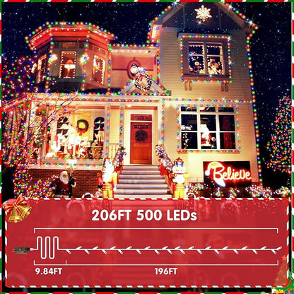 XURISEN Christmas Lights Outdoor 197FT 500 LED Green Wire String Lights 8 Modes with Timer Memory Waterproof Fairy Light Plug in for Xmas Tree Wedding Yard Party Holiday Decorations(Multicolor)