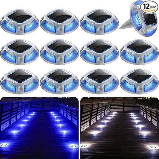 AGPTEK Solar Driveway Lights 12 Pack, 2 Colors in 1 Outdoor Solar Deck Dock Marine Waterproof LED Driveway Marker Security Lights for Outside Pathway,Boat Dock,Step,Walkway,Path,Garden (Blue & White)
