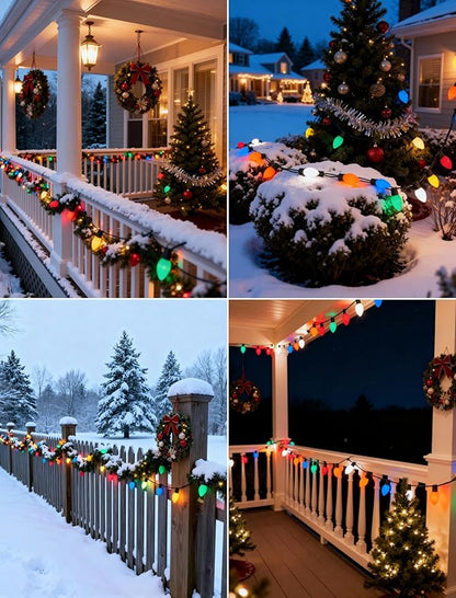 C7 LED Christmas Lights 25Ft Multicolor Christmas String Lights Outdoor with 27 Ceramic LED Light Bulbs, String Lights for Tree Decor Patio Carnival, E12 Candelabra Base Base