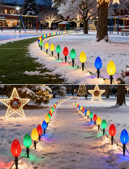 C9 LED Pathway Lights 7Ft Christmas Pathway Lights, Multicolor Walkway Light Outdoor with 4 Marker Stakes Connectable Holiday Commercial Christmas Decoration UL Listed - Green Wire