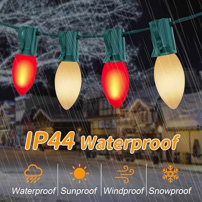 Red & White C9 Christmas String Lights, 25Ft Christmas Decorative Lights with 26 Red White Ceramic Bulbs(1 Spare) | Lumora