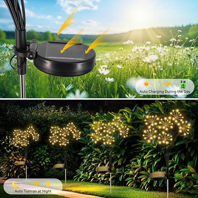 Solar Garden Lights 4 Pack Waterproof Swaying Starburst Light Solar Outdoor Lights for Yard Patio Walkway Pathway Party Wedding Decoration, Unique Gifts for Women, Warm White