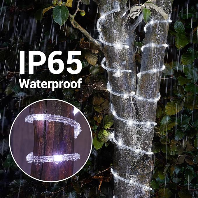 Solar Rope Lights, 66ft 200LED Solar String Lights, 8 Modes Waterproof Solar Powered Outdoor Light, Flexible Clear | Lumora