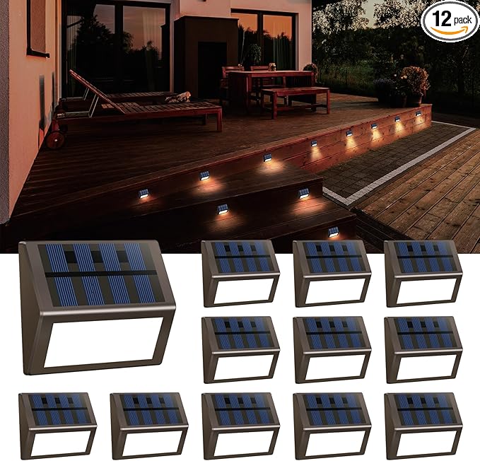 Luminara Solar Step Lights - Weatherproof Outdoor Stair Lighting, Solar-Powered Deck Lights for Patio, Garden, Pathway, Warm White Glow (12)