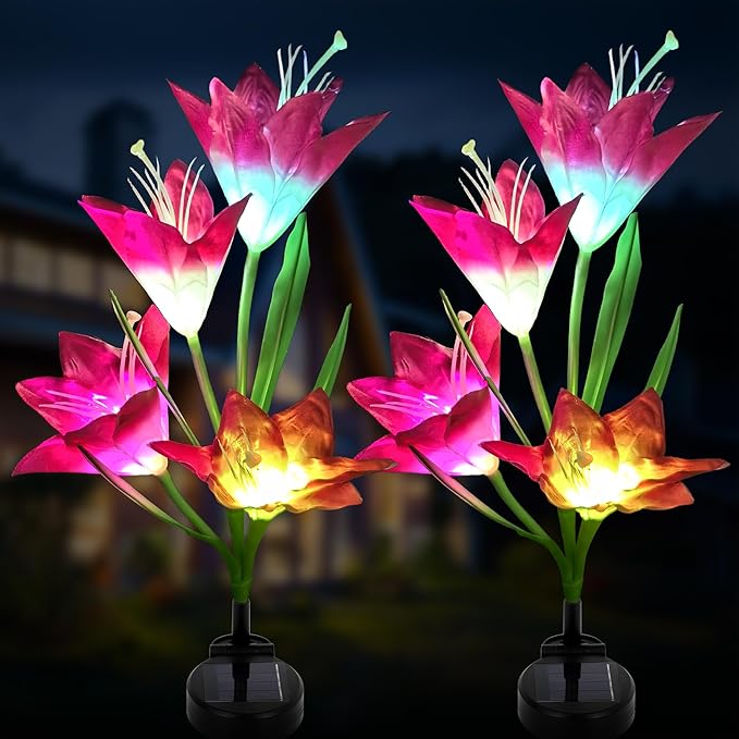 Solar Powered Lily Flower Lights Outdoor, Waterproof Color Changing Garden Lights with Large Solar Panel, 2 Pack for Patio, Yard, Pathway Decoration