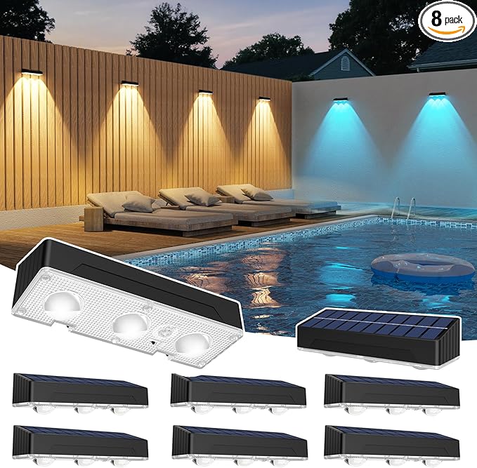 Solar Fence Lights Outdoor，Solar Wall Lights Outdoor Warm/Cool White + RGB Color Changing for Wall,Patio,Backyard,Railing Deck,Porchaily&Holiday Decorations(8Pack)