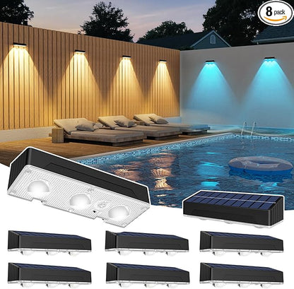 Solar Fence Lights Outdoor，Solar Wall Lights Outdoor Warm/Cool White + RGB Color Changing for Wall,Patio,Backyard,Railing Deck,Porchaily&Holiday Decorations(8Pack)