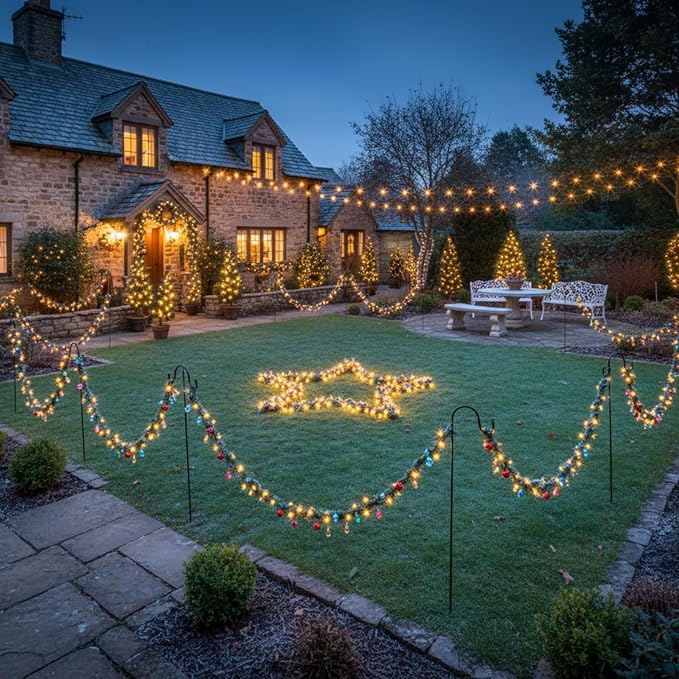 Hortsun 6 Pack Solar Pathway Lights Outdoor with Shepherd Hooks Tinsel Garlands LED String and Balls Waterproof Solar Stake Lights for Summer Yard Pathway Landscape Path Walkway Lighting