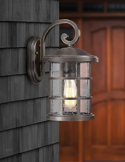 Quoizel Crusade Outdoor Wall Lantern, Coastal Armour 14.25 Inch 1-Light Palladian Bronze Wall Sconce, Clear Seeded Glass, 100W Exterior Wall Lantern Fixture, Outside Lights for Patio, Porch or Garage