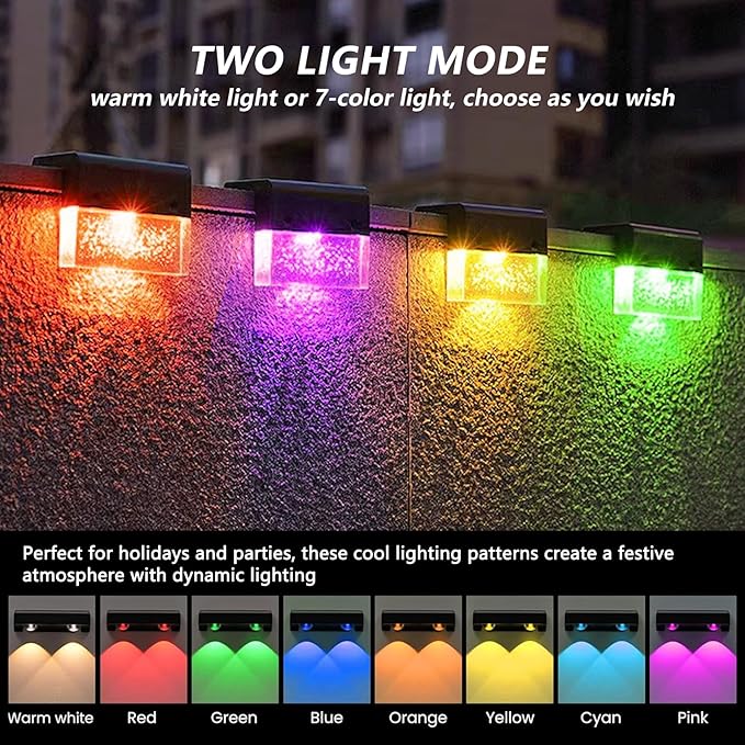 Solar Garden Railing Lights, 4 Pack Waterproof LED Solar Lights Outdoor with Warm White/7 Color Changing Lighting | Lumora