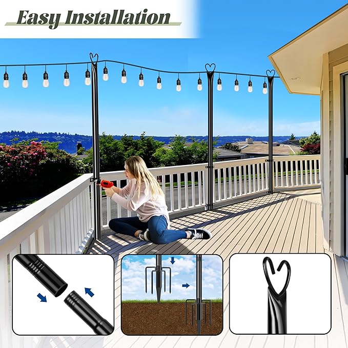 XDW-GIFTS String Light Poles with Fork for Outdoor, 4 Pack 9.8 FT Tall Metal Posts for Hanging String Lights Patio | Lumora