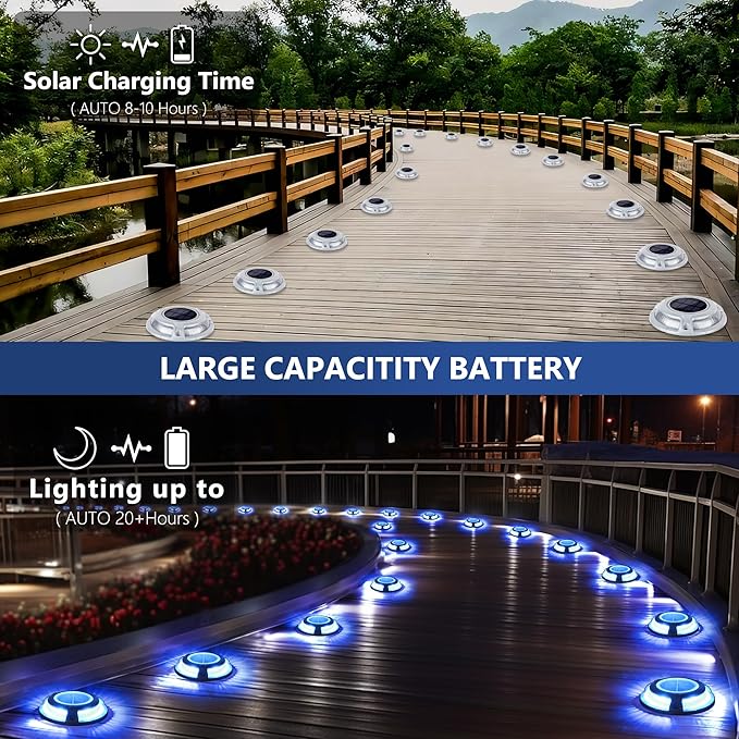 Brizled 12 Pack Solar Driveway Lights, 2 Colors in 1 Outdoor Dock Lights, IP67 Waterproof Deck Lighting Marine Light, Road Marker Solar Light for Sidewalk Pathway Walkway Garden Yard(Cool White/Blue)
