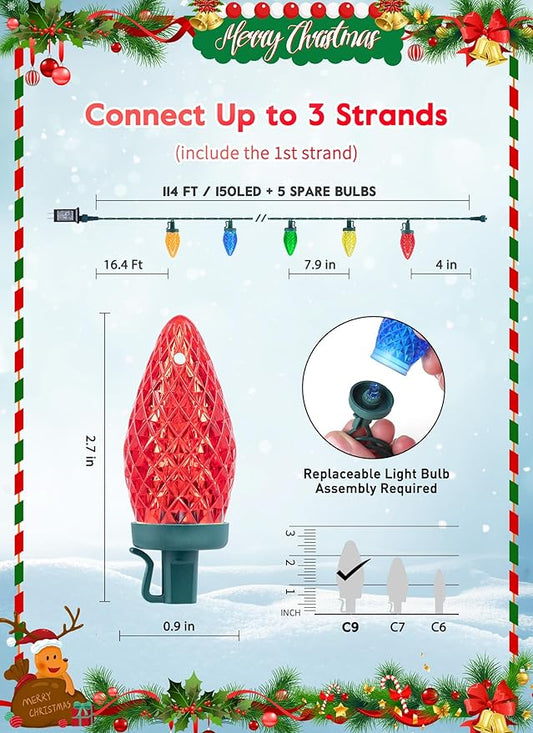C9 Christmas Lights Outdoor, 114 Feet 150 LED C9 String Lights with Timer & 8 Light Modes, Waterproof Commercial Grade Connectable Christmas Tree Lights for Indoor Outside Roofline Patio, Multicolor