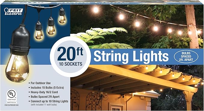 Feit Electric 20ft Incandescent and Weatherproof String Lights with 10 Outdoor Sockets, Linkable, 90+ CRI, E26 Base, 3,000-Hour Lifetime, Wet Rated, SL20-10, 15 (30 Lumens/11-watt) Bulbs Included