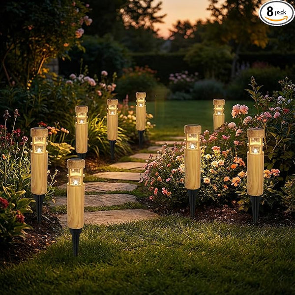Solar Lights Outdoor 8 Pack, Wood-Grain Color Style, Warm Yellow Light, Waterproof Auto On/Off, Solar Pathway | Lumora