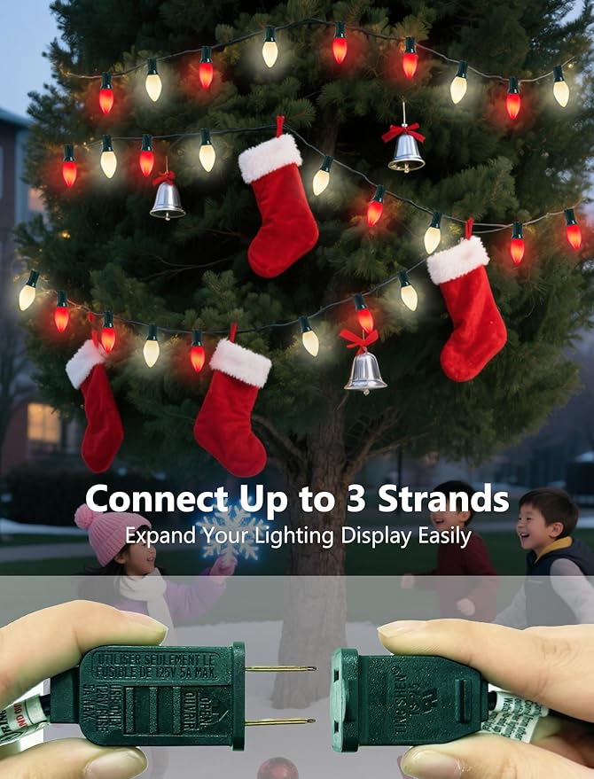 25Ft Multicolor Chritsmas Lights Outdoor, C7 Vintage String Lights with 27 Red White Ceramic Incandescent Bulbs, Hanging Patio Lights for Porch Roofline Christmas Tree Garden Pathway Indoor Decor