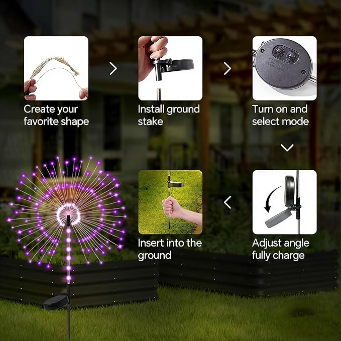 2 Pack 250LED Solar Garden Lights Outdoor, Dual Lighting Modes Firework Lights Solar Powered, Waterproof Twinkle Fairy Light Outside for Yard Patio Pathway Christmas Party Decorative（Purple