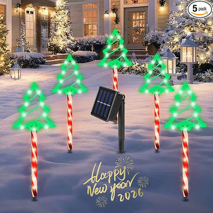 5 Pack Solar Christmas Pathway Lights, Outdoor Solar Christmas Decorations Stake Decorative Lights Xmas Tree with 8 Lighting Modes & IP65 Waterproof, for Garden Yard Patio Lawn Holiday Decor