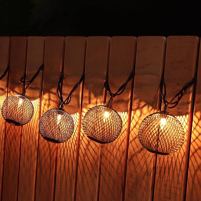 Decorative Lantern String Lights Plug in with 10 Black Metal Ball, Connectable Waterproof Outdoor Decorative String Lights Indoor for Bedroom Patio Pergola Decor