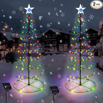 Outdoor Christmas Decorations, 2 Pack 29'' Spiral Solar Christmas Tree Lights, 8 Modes Solar Pathway Lights, Waterpoof Light up Prelit Xmas Tree for Garden Patio Yard Walkway Driveway（multicolor）