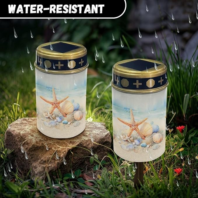ZOUTAIRONG Solar Light for Cemetery Grave Solar Pathway Lights, Starfish Shell Design Yard Patio Landscape Lighting Warm Pathway Lights Spotlights-4 Pack