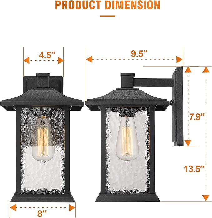 Beionxii Outdoor Light Fixture, 14 inch Dusk to Dawn Exterior Wall Mount Lantern Outside Lights for House Patio, Black Cast Aluminum w/Water Glass - A272W-1PK