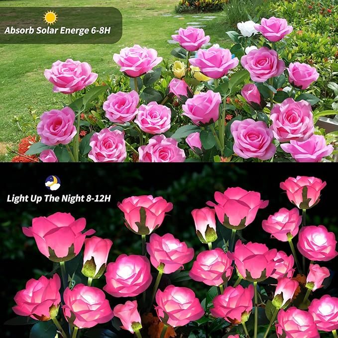 Solar Garden Lights, Solar Outdoor Lights with More Realistic 10 Rose Waterproof Solar Powered Flowers for Outside Patio Yard Pathway Decorations, 2 Pack Pink