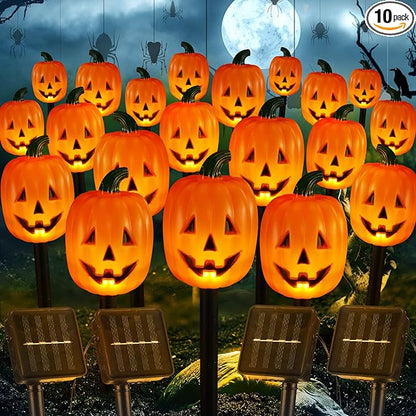 Retisee Halloween Pumpkin Pathway Markers Lights Solar Powered Pathway String Lights Light up Jack O Lantern Pumpkin Garden Stakes for Yard Lawn Tree Patio Walkway Driveway Party Decor (10 Pcs)