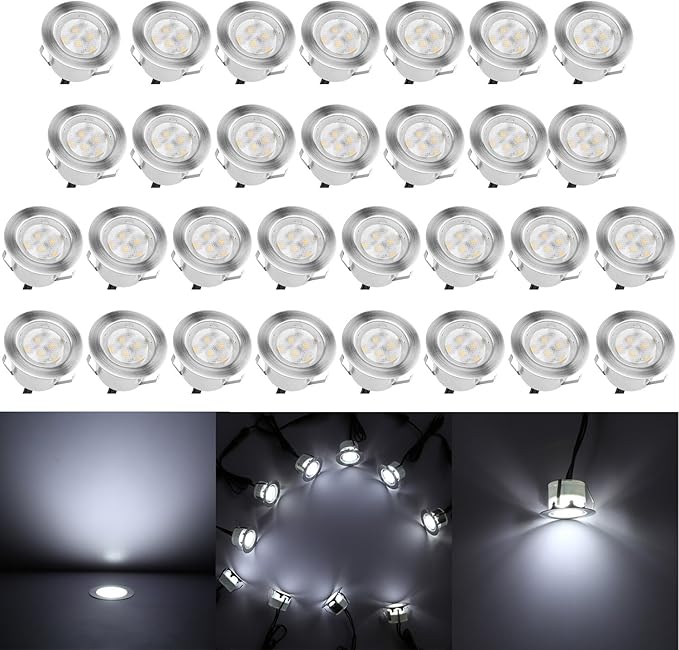 Deck Lights Outdoor Waterproof Low Voltage Lighting Kit Stainless Steel 1W Outdoor Yard Garden Decoration Lamps Landscape Pathway Patio Step Stairs Silver Border(30pcs,Cool White)