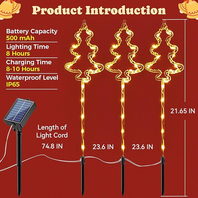 6 Packs Christmas Tree Solar Garden Lights with 8 Light Modes, 21.65 Inches Tall Christmas Outdoor Lighting with 20 LEDs Each, Solar Outdoor Xmas Decor for Garden, Path, Patio (Warm White)