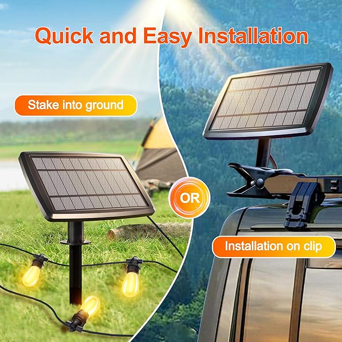 Stright 55FT Solar String Lights Outside Remote Control with USB Charging Port E12 S14 Bulbs, 55 Feet 17 Lamp Outdoor Solar Power Dimmable LED Bulbs for Patio Garden Market Bistro Backyard