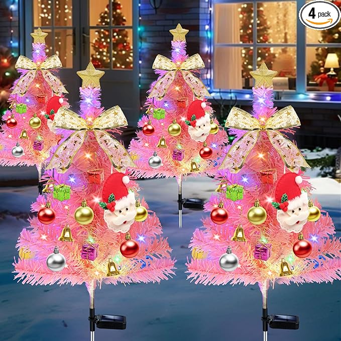 4 Pcs Solar Christmas Tree Pink, Outdoor Christmas Decorations, 80 LED Waterproof Solar Christmas Lights, Multicolor Xmas Tree Lights for Outside Holiday Pathway Yard Garden Patio Cemetery Decor