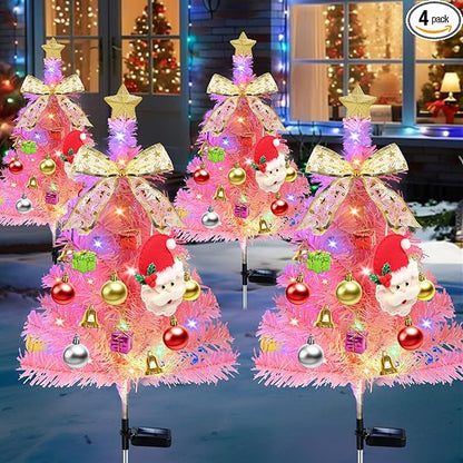 4 Pcs Solar Christmas Tree Pink, Outdoor Christmas Decorations, 80 LED Waterproof Solar Christmas Lights, Multicolor Xmas Tree Lights for Outside Holiday Pathway Yard Garden Patio Cemetery Decor