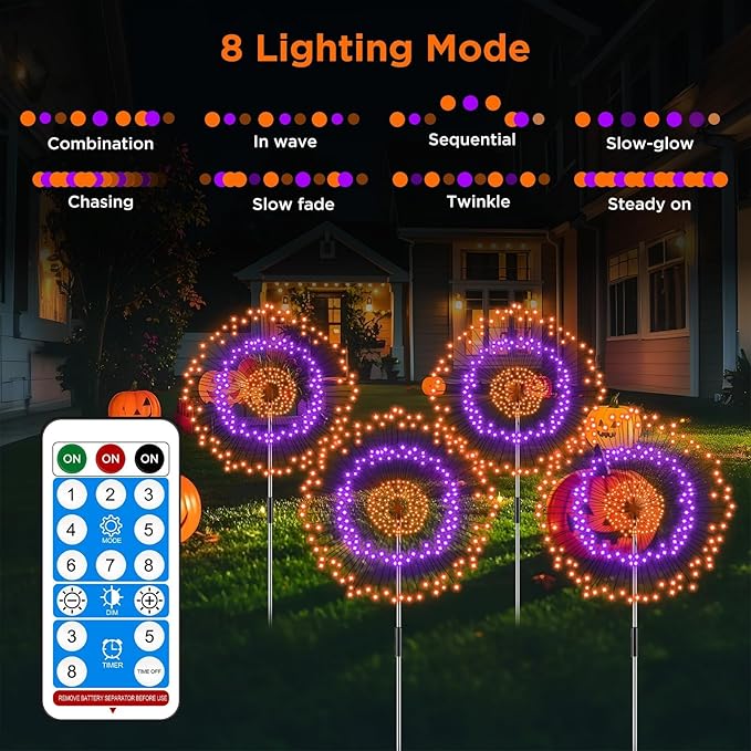 4 Pack Solar Halloween Firework Lights Outdoor Waterproof, 8 Modes Orange & Purple Black Spooky Solar Garden Lights with Timer Remote for Outside Yard Patio Pathway Lawn Halloween Decor