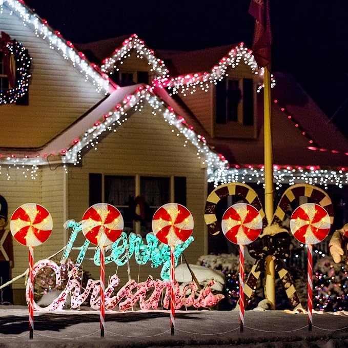 Bencailor 10 Pcs Christmas Pathway Marker Light Xmas Red and White Lollipop Solar Powered Light Christmas Outdoor Decoration Candy Cane Driveway Plugin for Yard Patio(Novel)