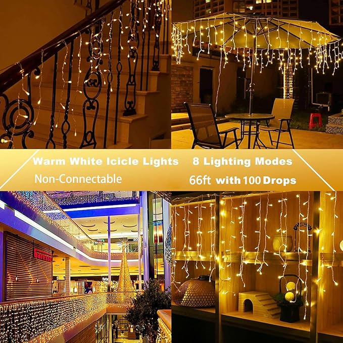 Joomer Christmas Icicle Lights - 66FT String Lights Outdoor Waterproof, 8 Modes Timer Connectable Plug-in String Light for Eaves, Roofs, Christmas Decorations (Warm White, Non-Connectable)