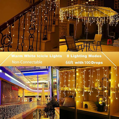 Joomer Christmas Icicle Lights - 66FT String Lights Outdoor Waterproof, 8 Modes Timer Connectable Plug-in String Light for Eaves, Roofs, Christmas Decorations (Warm White, Non-Connectable)