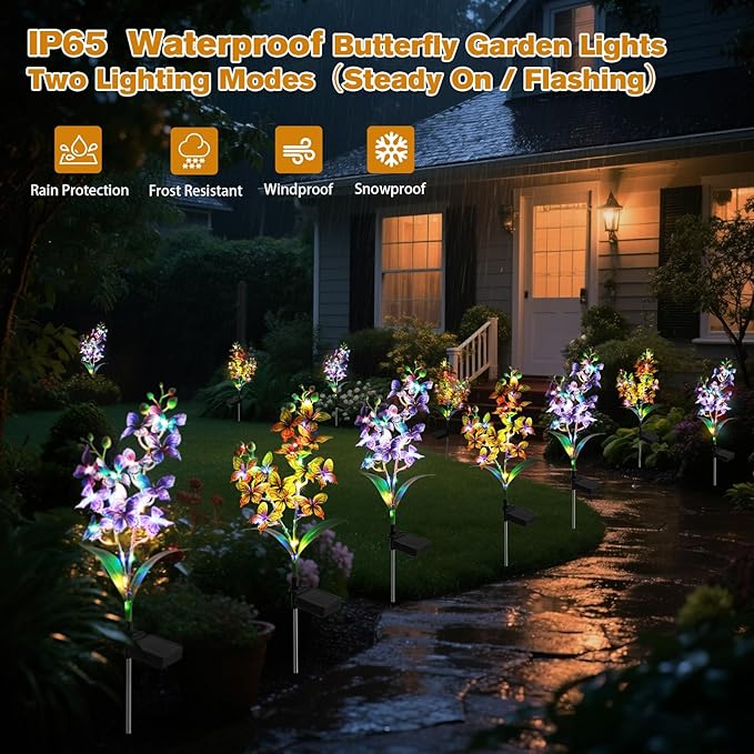 Solar Garden Lights, Solar Flower Lights with 4 Colors and 2 Lighting Modes, Suitable for Yard, Garden, Lawn, and Path Decoration(Yellow, 2 Pack)